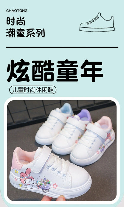 Baby Girls White Shoes Kids Casual Sneakers Cartoon Soft Breathable Fashion Children White PU Leather Shoes Size 26-37.