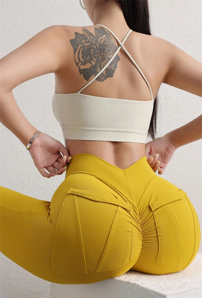 TRY TO BN Sports Stretch Leggings Fitness Yoga Pants Women Back Pockets High Waist Push Up Leggings Workout Running Gym Clothing