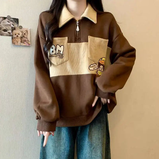 Oversized Autumn Winter Casual Printing Turn-down Collar Long Sleeve Sweatshirts Female Preppy Style Cartoon Loose T-Shirts Tops.