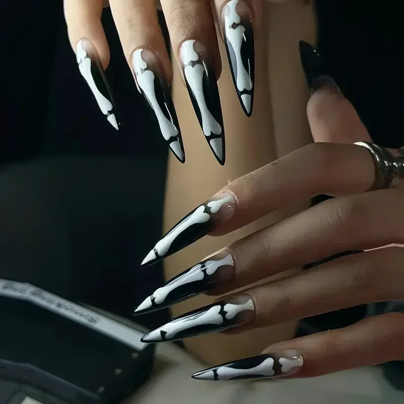 10pcs Halloween Goth Bone Press On Nail-Glossy Long Almond Shape False Nail Sweet and Cool Full Cover Design for Women and Girls.