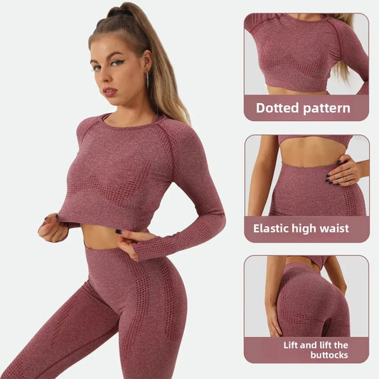 Seamless Dot Dot Yoga Suit High Waist Outdoor Sports Vest Running Quick Dry Top Fitness Yoga Pants Set Exercise Workout Clothes.