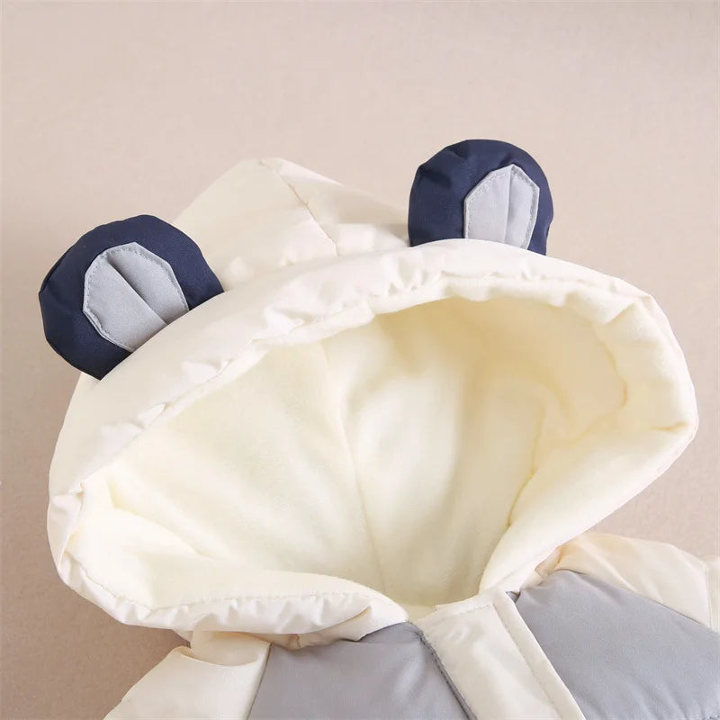 Winter Neue Baby Strampler Jungen Mädchen Patchwork Dicke Plus Samt Overalls Winddicht Mit Kapuze Overalls Schneeanzug Ein Stück Body.