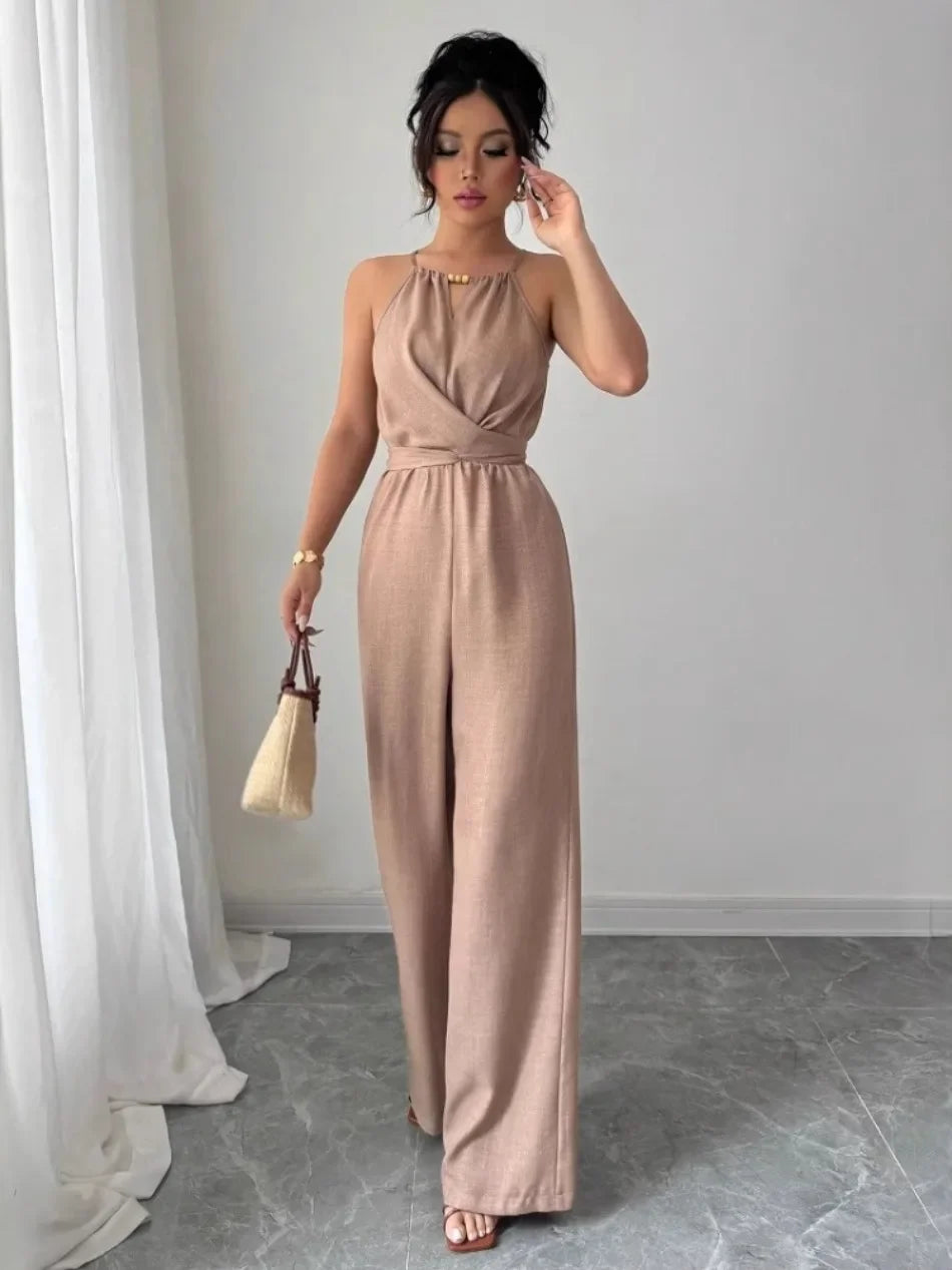 Woman Jumpsuits Elegant Summer Fold Off Shoulder Beads Jumpsuits Fashionable Slim Fit Belt Button High Waist Wide Legs Jumpsuits.