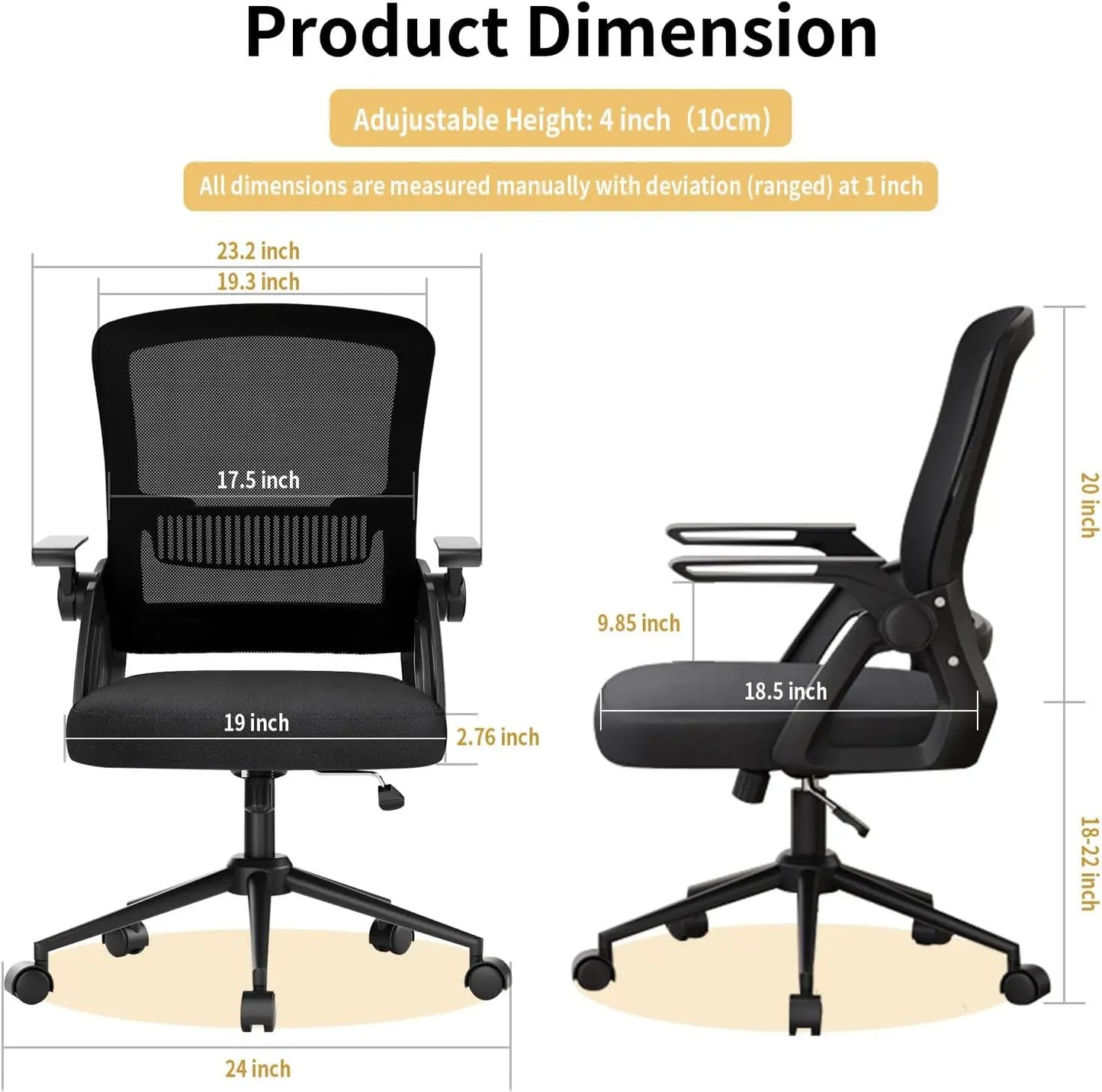 Office Chair Ergonomic Mesh Flip-Up Arms Gaming Chair with Mid Back Cushion Lumbar Support for Home Bedroom Working