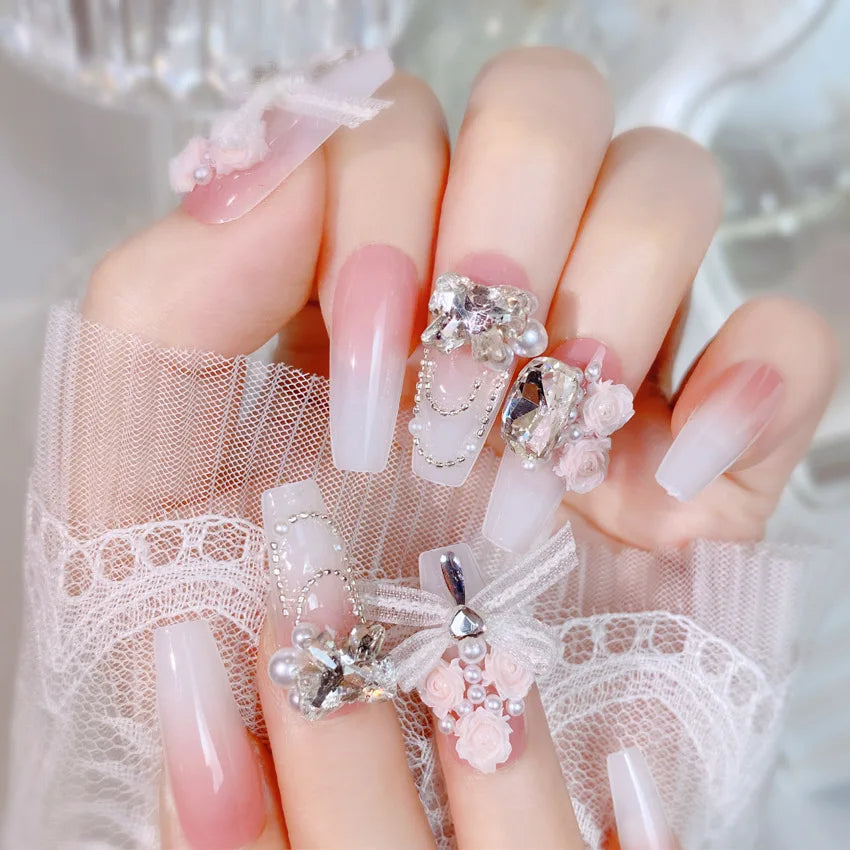Blush Pink False Nails Bowknot Diamond Pearl 3D Design Press on Nail Tips with Harmless Smooth Edge Nails Woman DIY Fake Nails.