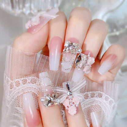 Blush Pink False Nails Bowknot Diamond Pearl 3D Design Press on Nail Tips with Harmless Smooth Edge Nails Woman DIY Fake Nails.