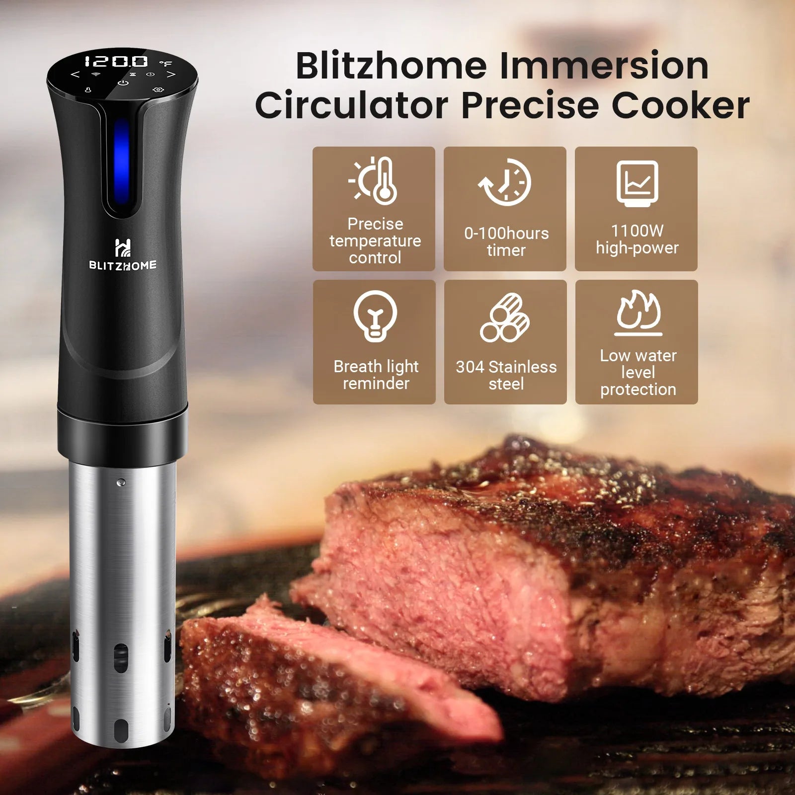 BlitzHome SV2209 1100W Sous Vide Cooker WIFI APP Control Thermal Immersion Circulator Machine with Digital LCD Display Time EU.