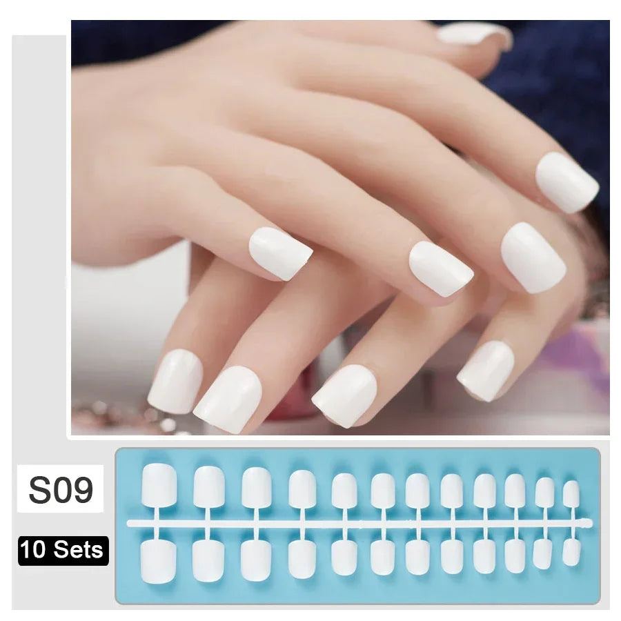 10 Sets/Pack Mixed Solid Colors Coffin Round Square Almond Shape False Nails Full Cover Nail Tips Short Fake Nails Tip Manicure