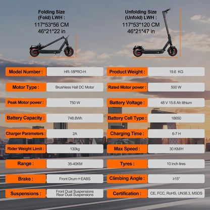 Electric Scooter For Adults Max Speed 35Km/h Electric Scooter 500W (Peak 750W ) Adult Scooter Electric Kick Scooter.