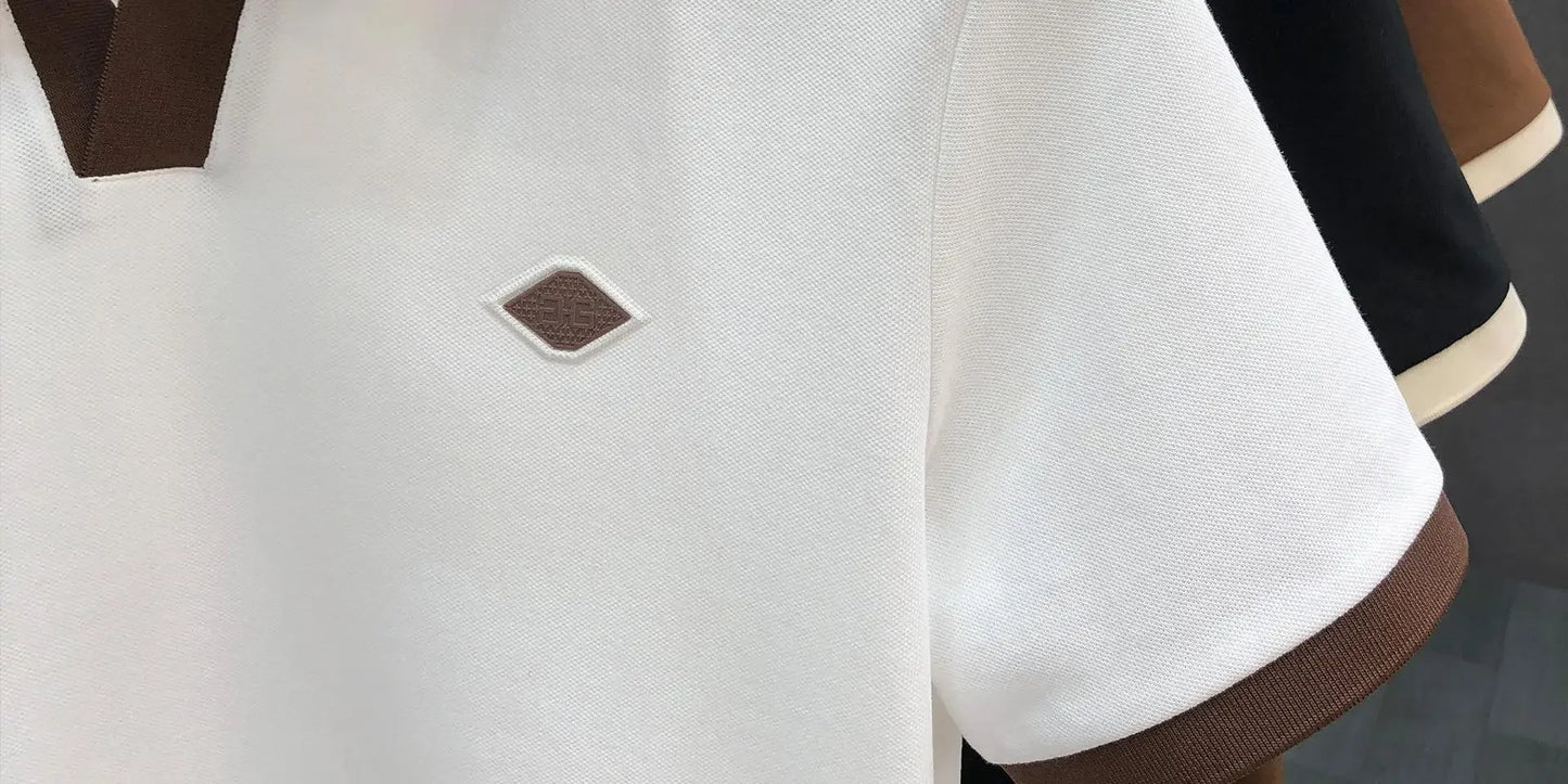 Men's Casual Polo Shirt Collared Short Sleeve Pique Cotton Breathable V-Neck Color Block Half Sleeve Summer Loose Top.