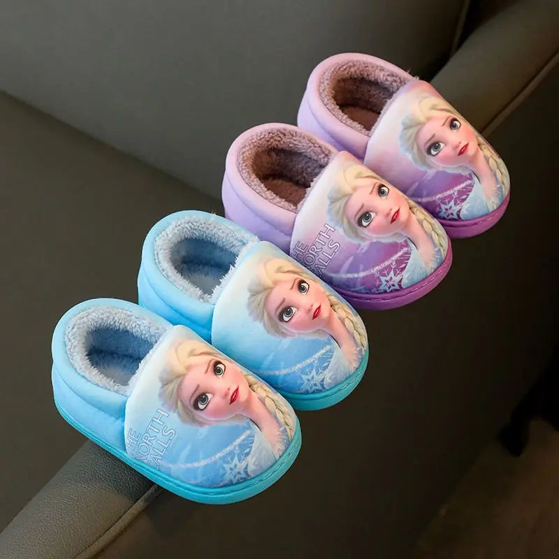 Disney Princess Elsa Winter Children's Heel Cotton Slippers Girls' Warm Frozen Kids' Cotton Black Purple Flats Shoes Size 24-40.