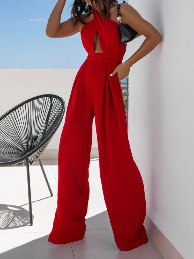 Fashion Sexy Halter Jumpsuit Lady Elegant Sleeveless Hollow High Waist Wide Leg Pants Jumpsuits Women Streetwear Clothes Summer.
