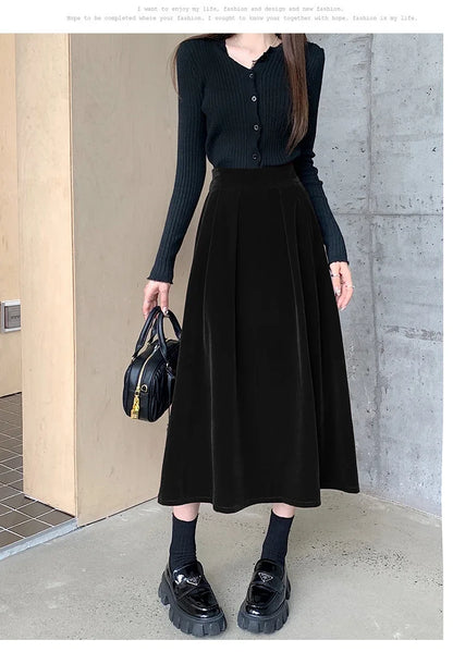 Autumn Winter Warm Vintage Red Elegant Velvet A-line Skirt For Women 2024 High Waist Casual Black Party Pleated Big Swing Skirts.