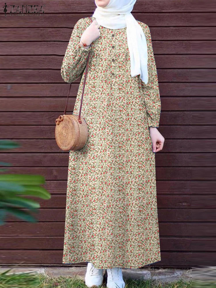 ZANZEA Islamic Women Floral Print Maxi Dress Long Sleeve Loose Casual Abaya Robes 2025 Spring Muslim Hijab O Neck Kaftan Dresses.