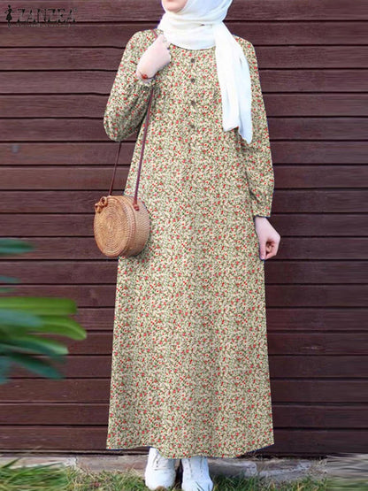 ZANZEA Islamic Women Floral Print Maxi Dress Long Sleeve Loose Casual Abaya Robes 2025 Spring Muslim Hijab O Neck Kaftan Dresses.