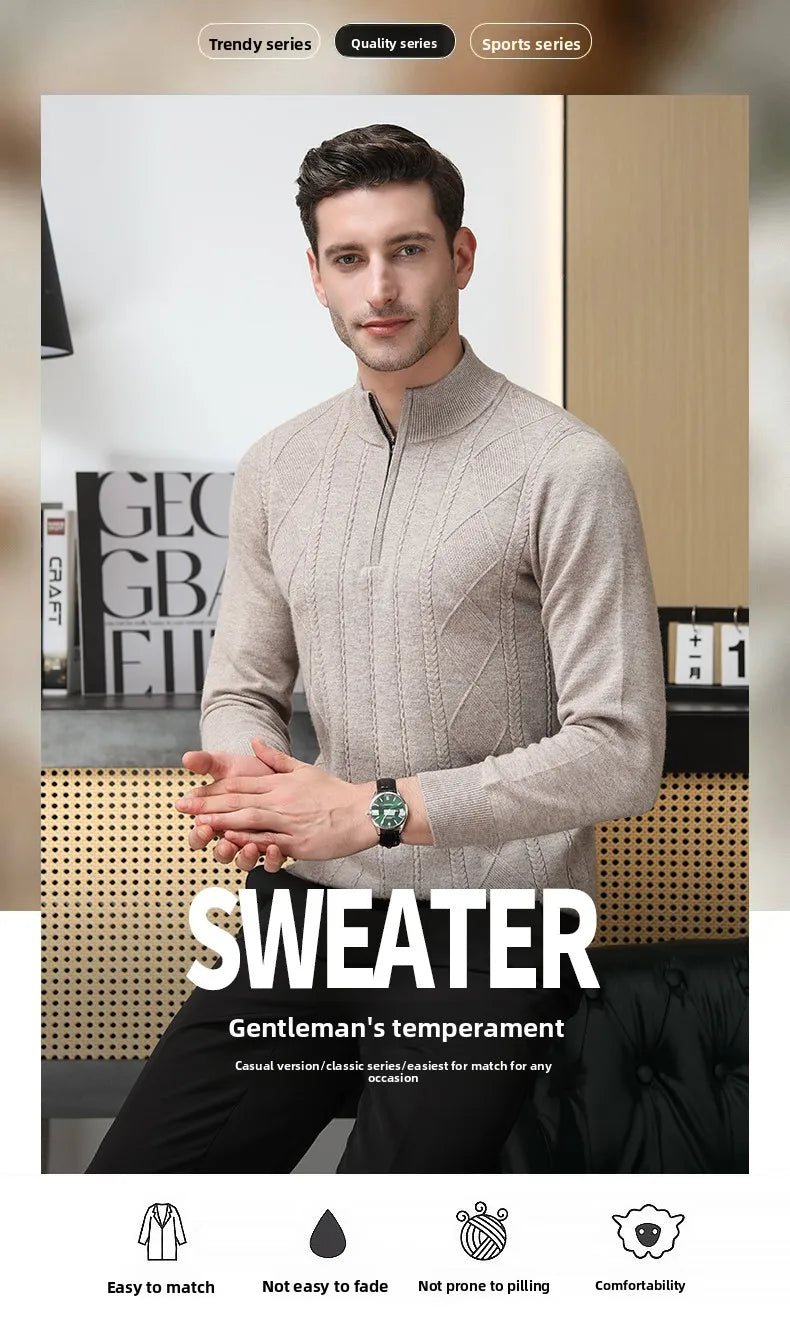 High End 100% Australia Wool Cashmere New Autum Winter Fashion Brand Casual Zip Up Men Pullover Knit Half Turtleneck Sweater.