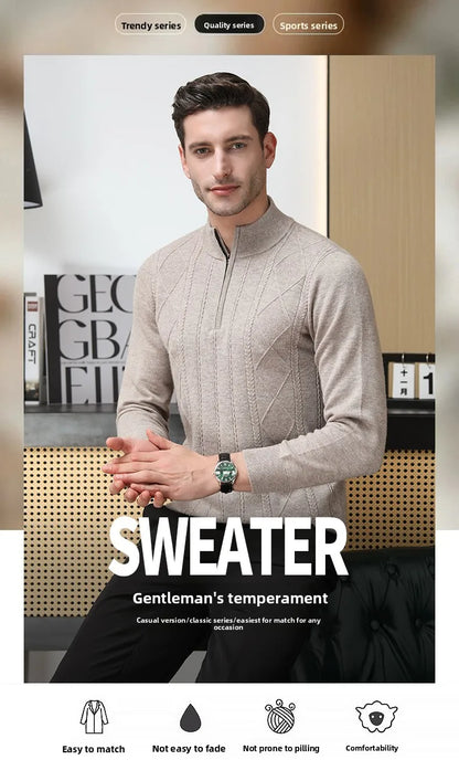 High End 100% Australia Wool Cashmere New Autum Winter Fashion Brand Casual Zip Up Men Pullover Knit Half Turtleneck Sweater.