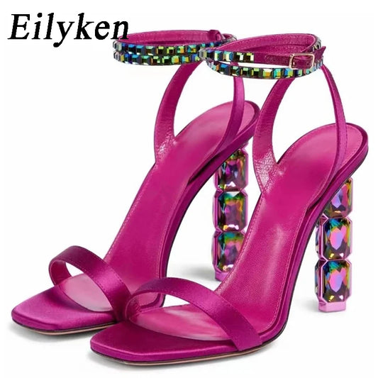Eilyken Summer Crystal Embellished High Heel Sandals Women Diamond Open Toe Ankle Strap Silk Satin Rhinestone Banquet Shoes.