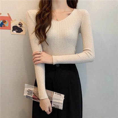 2025 einfarbig Schlank Pullover Koreanische Herbst Winter V-ausschnitt Pullover Mode Lässig Langarm Gestrickte Pullover Frauen Kleidung