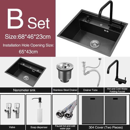 Nanometer Double Cover Hidden Kitchen Sink 304 Stainless Steel 3 Holes Handmade Single Large Size Kitchen Hidden Sinks