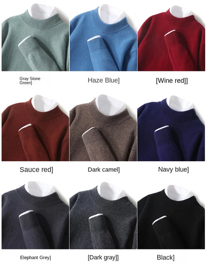 100% Pure Merino Wool Men's Semi High Neck Pullover Solid Color Plus Size Casual Sweater Autumn And Winter Sports Cashmere Top.