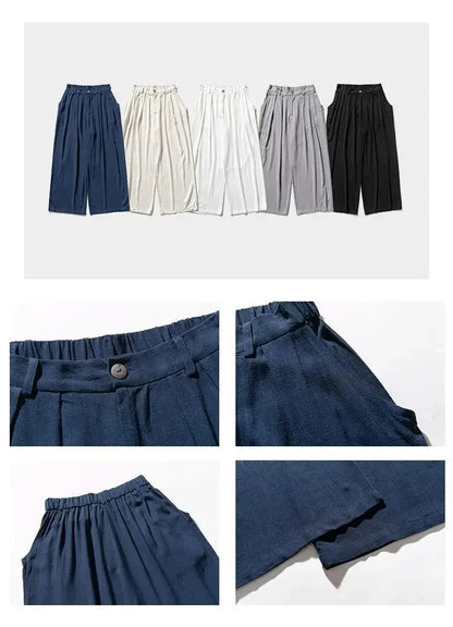 Hanfu Spirit Draped Linen Pants For Men Straight-leg Casual Trousers Chinese Style Loose-fit Ancient Wide-leg Song Trousers.