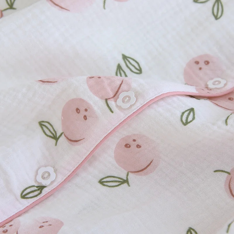 2025 Damen-Pyjama-Set für Frühling/Sommer, bedruckt, 100 % reine Baumwolle, dünn, langärmelig, zweiteiliges Set, frische und süße Strickjacke, Home Fury.