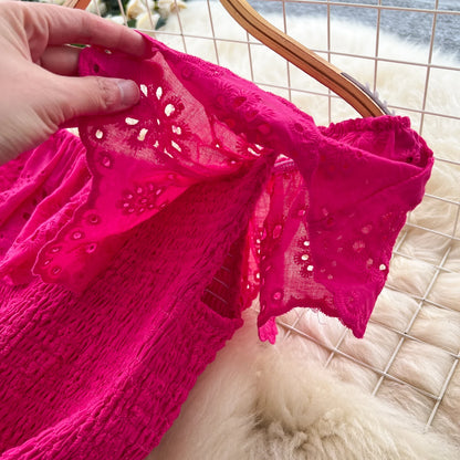 SINGREINY Schickes, ausgehöhltes Kleid mit Stickerei, Rüschen, Spleiß, schulterfrei, elastisch, gerüscht, schlank, 2025, solides, sanftes, langes Urlaubskleid.