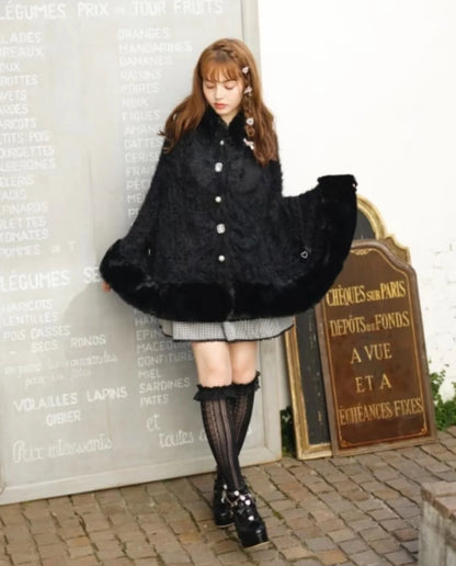 Japanische Liz Süße Prinzessin Faux Kaninchen Fell Cape Mantel Frauen Herbst Winter Pelz Jacke Lose Uhr Strass Bogen Mit Kapuze Mantel