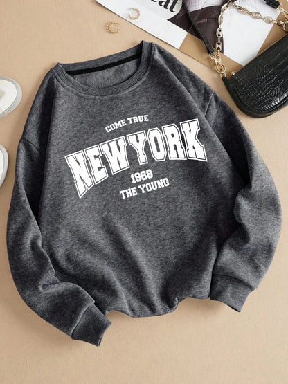 New York 1968 Women Sweatshirt Black Letter Print Sporty Hoodie Winter Casual Fleece Pullover Crewneck Red Hoody Street Clothing.