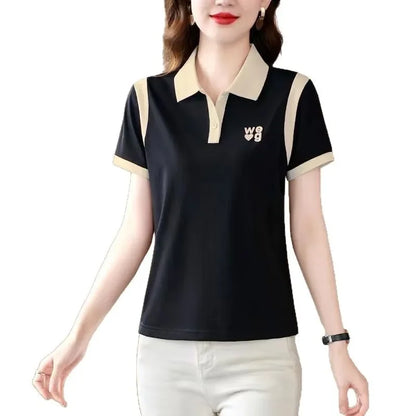 Fashionable Short Sleeve Polo Shirt Women's Summer Sporty Hong Kong Style Top High End Mixed Fabric Slim Fit T-Shirt.