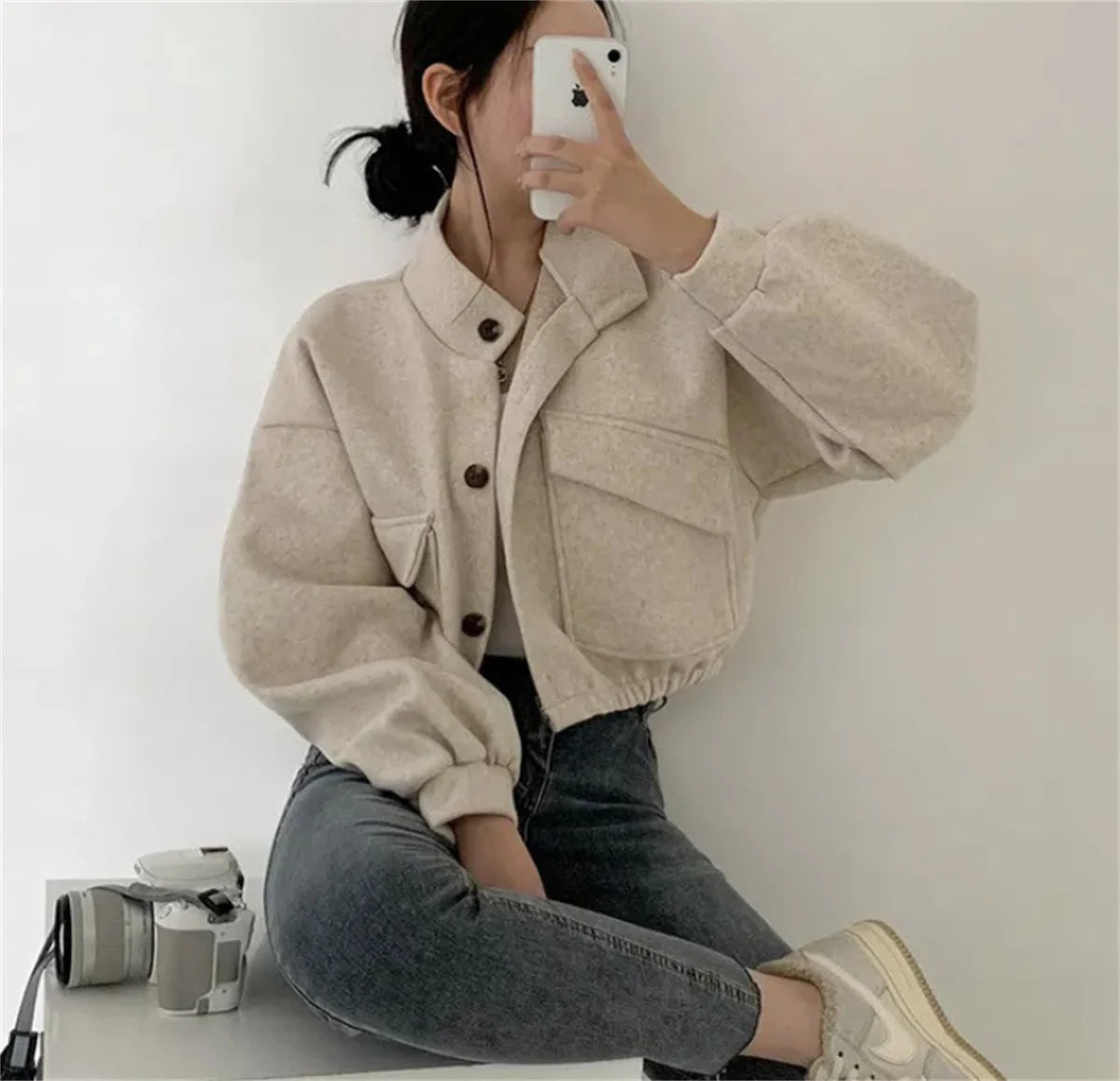 Korean Fashion Herbst Winter Mantel Frauen Neue In Stehen Neck Feste Taste Lose Jacke Dame Casual Straße Outwear Vintage Kleidung.