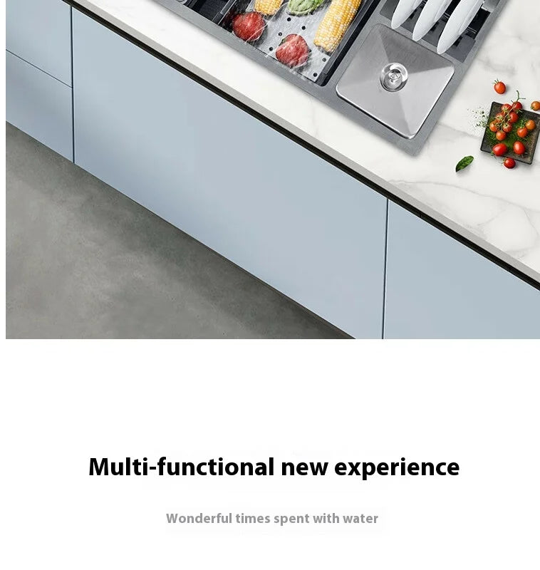 Stainless Steel Kitchen Sink Large Size Single Slot Multifunctional With Trash Can and Drain Rack Household Wash Dish Basin