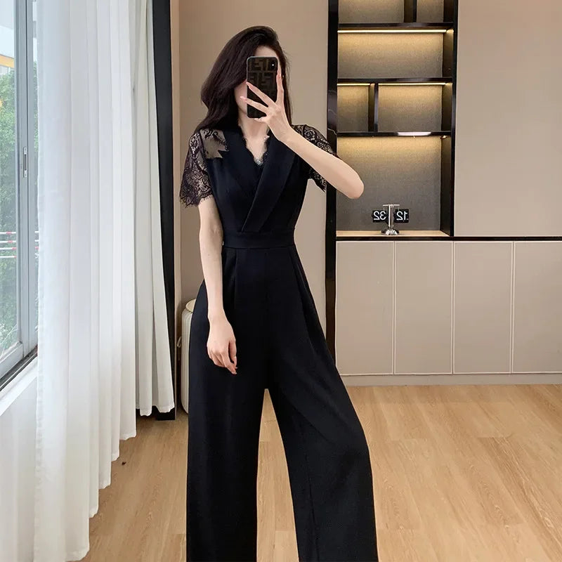 LYX High-Cold Lady Style Romper Women Summer Short Sleeve High Waist Lace Splicing Hollow out One-Piece Straight Leg Pants.