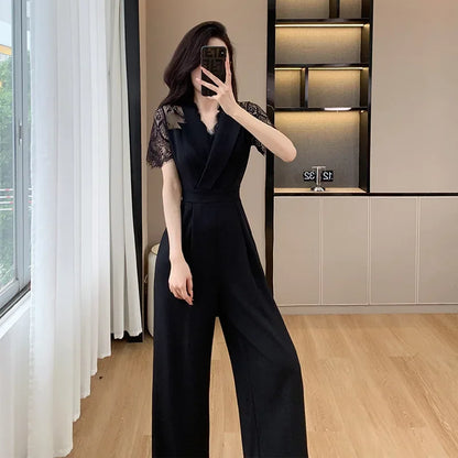 LYX High-Cold Lady Style Romper Women Summer Short Sleeve High Waist Lace Splicing Hollow out One-Piece Straight Leg Pants.