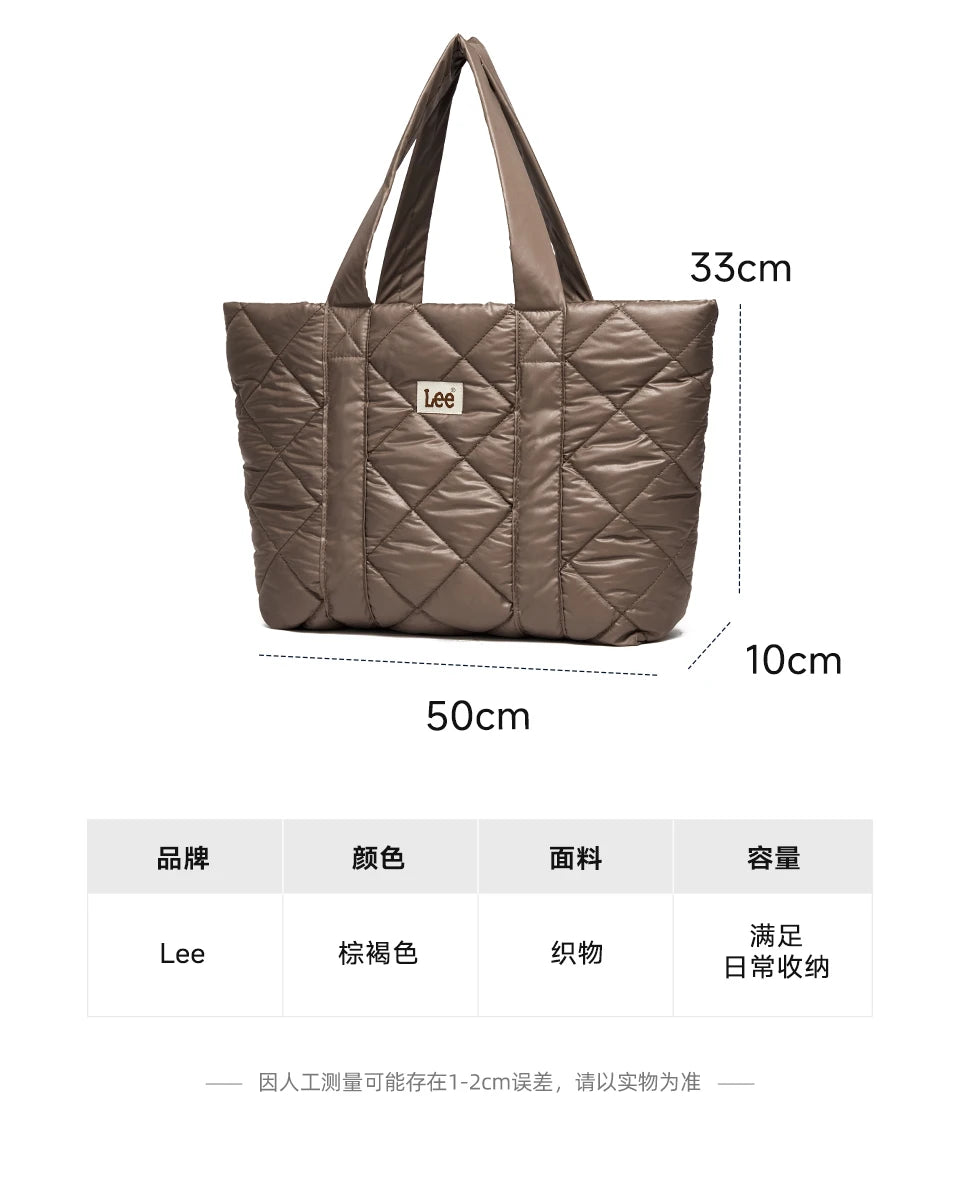 LEE Large Soft Puffer Bag Women Big Size College Students Laptop Book Quilted Tote Bag Lady Down-filled Shopping School Bags