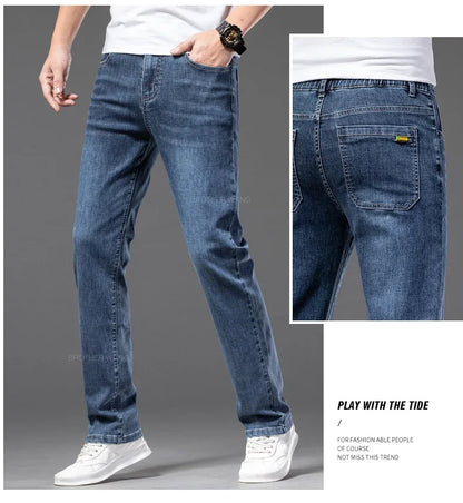 Spring Summer Thin Men's Classic Jeans Elastic Loose Straight Cotton Casual Denim Trousers Brand Clothing Business Male Pants.