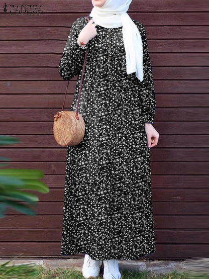 ZANZEA Islamic Women Floral Print Maxi Dress Long Sleeve Loose Casual Abaya Robes 2025 Spring Muslim Hijab O Neck Kaftan Dresses.