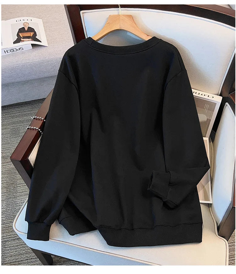 175 kg Übergröße Damen Büste 170 Herbst Lose Rundhals Langarm Diamant Schwan Sweatshirt Schwarz Weiß 5XL 6XL 7XL 8XL 9XL