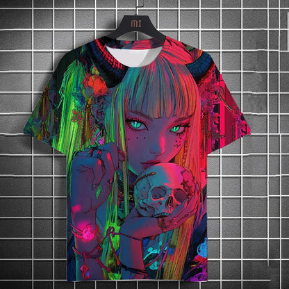 Men's Fashion Street 3D Anime Printed Short Sleeve T-Shirt Men's Modern Urban Streetwear Round Neck Casual Short Sleeve.