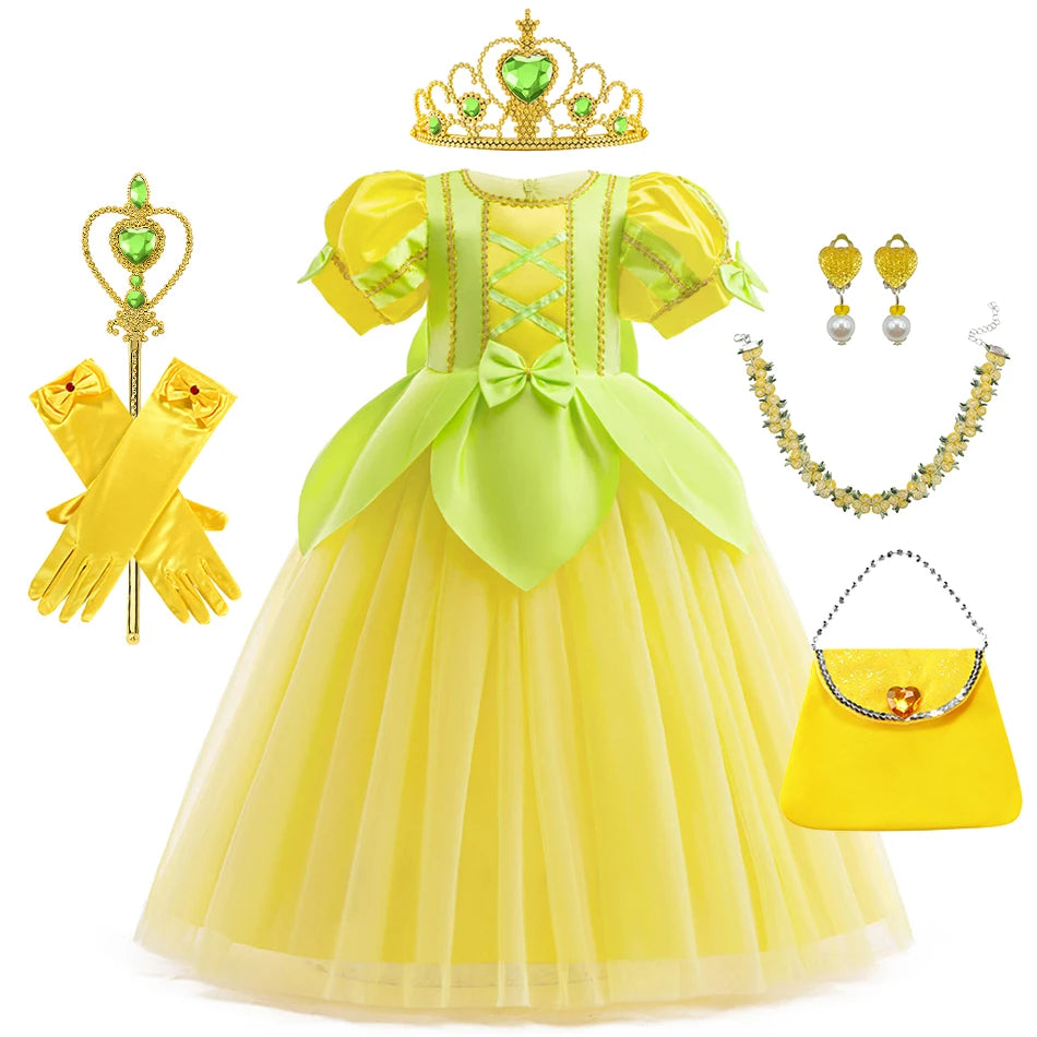 Tiana Fancy Prinzessin Kleid für Mädchen Geburtstag Party Kostüm Kinder Rollenspiel Ballkleid Kinder Karneval Performance Kleidung.
