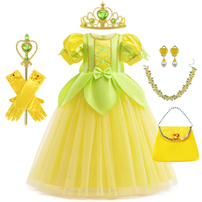 Tiana Fancy Prinzessin Kleid für Mädchen Geburtstag Party Kostüm Kinder Rollenspiel Ballkleid Kinder Karneval Performance Kleidung.