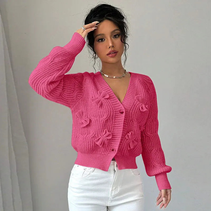 2025 Autumn And Winter Solid Color Long-sleeved Bow Knit Cardigan Jacket New Women's Elegant V-neck Button Versatile Sweater Top.