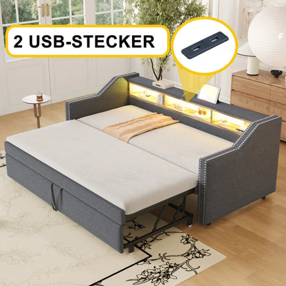 Ausziehbares Schlafsofa 90/180 x 190 cm, multifunktionales Aufbewahrungsfach, LED-Licht und USB-Buchse, mit Gitter, Dunkelgrau