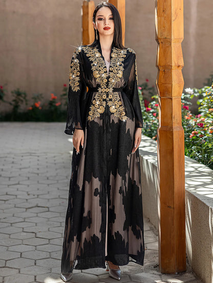 Fashion Lace Embroidered 2 Piece Set Robe Belt Abaya Dubai Kaftan Women Muslim Dress Morocco Caftan Ramadan Kebaya Jalabiya Gown.