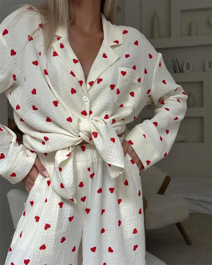 Sommer Neue Liebe Herz Druck Pyjama 100% Baumwolle Langarm Set 2Pcs Outfit Revers Nachtwäsche Taste Unten frauen pyjamas Nachtwäsche