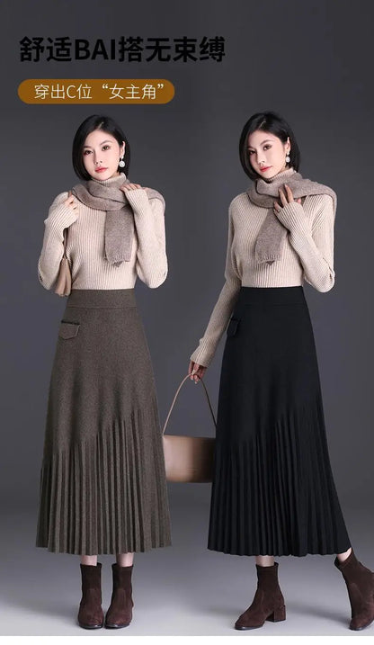 Temperament Autumn Winter New Skirts Women Solid High Waist Pleated Fashion Office Lady A-line Mid-length Knitting Pleated Skirt.