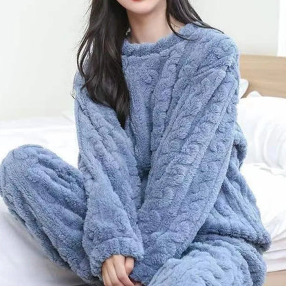 Herbst Winter Lose Süße Casual Pyjamas frauen Set Dicke Fleece Wolle Langarm Top Hause Elastische Taille Lange Hosen Hosen.