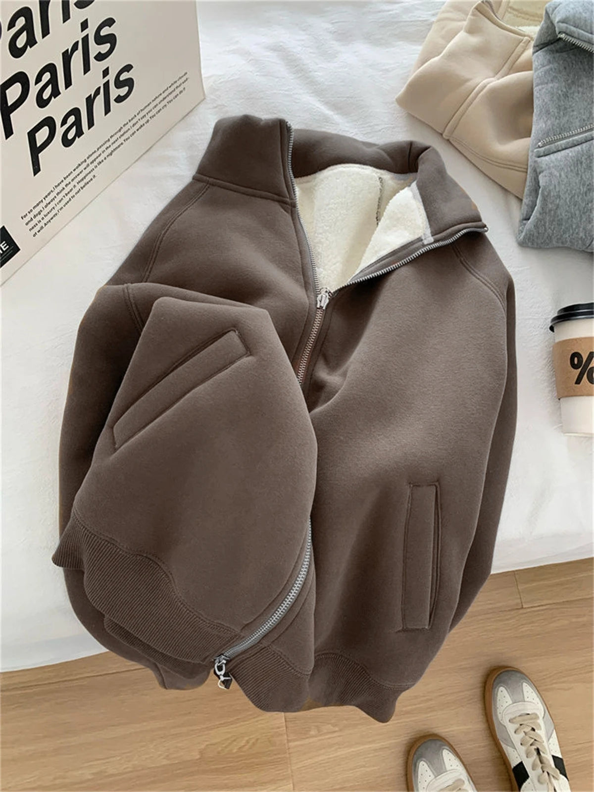 Women Autumn Winter Sweatshirt Coat Zip Up Solid Long Sleeve Stand Neck Jacket Lady Fashion Casual Street Vintage Coats Outwear