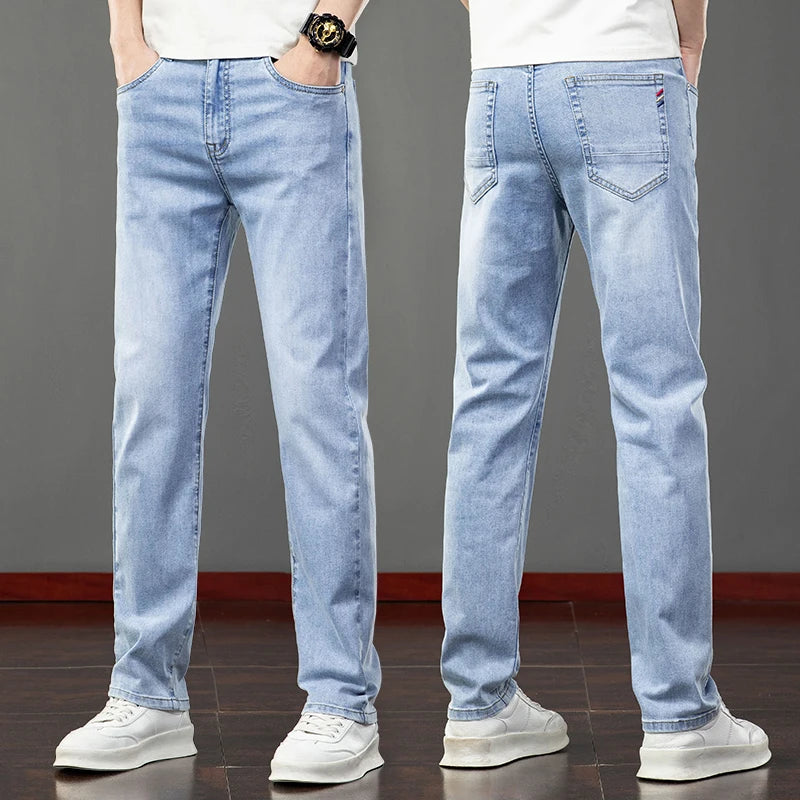 Spring Summer Thin Slim Fit Jeans Mens Elastic Straight Casual Business Denim Pants Washed Classic Brand Clothing Men Trousers.